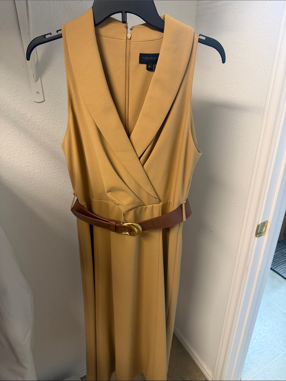 Donna Karan Sleeveless Mustard Midi Dress with Brown Belt